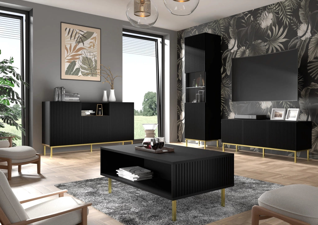 MOBILE RAVENNA B VETRINA IN MDF CON FOGLIO IN VETRO 1DS 60x217 NERO OPACO CORNICE ORO