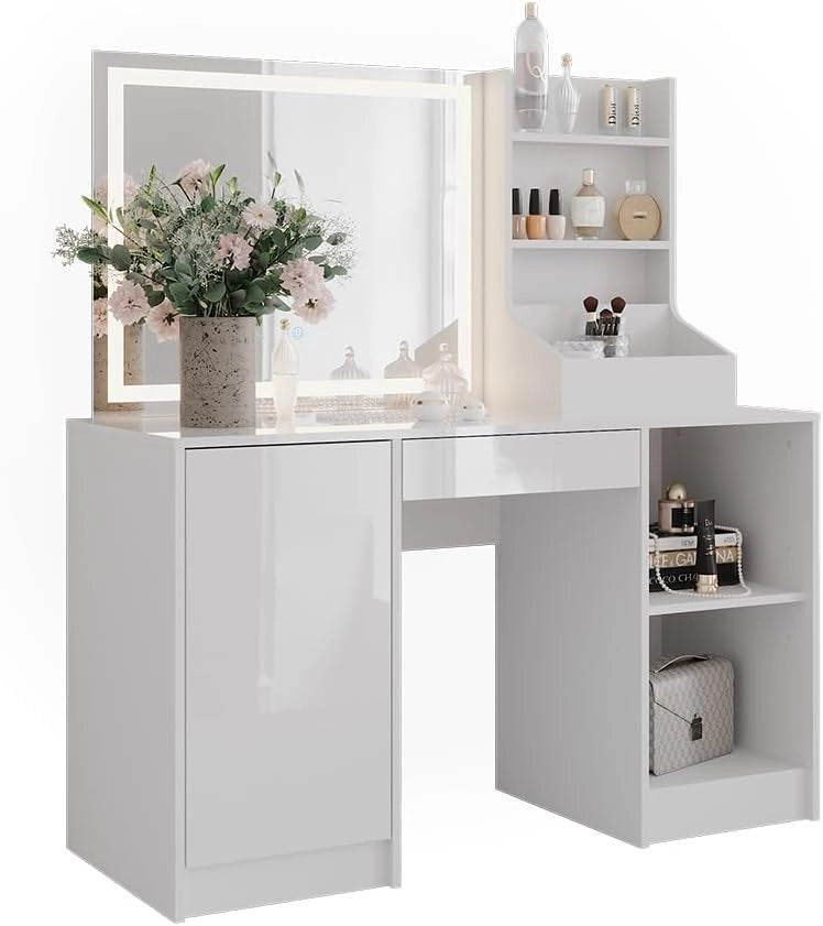Tavolo da toeletta Sherry, Bianco/bianco lucido, 128.2 cm con specchio LED, con piano d'appoggio laterale e sgabello regolabile in altezza