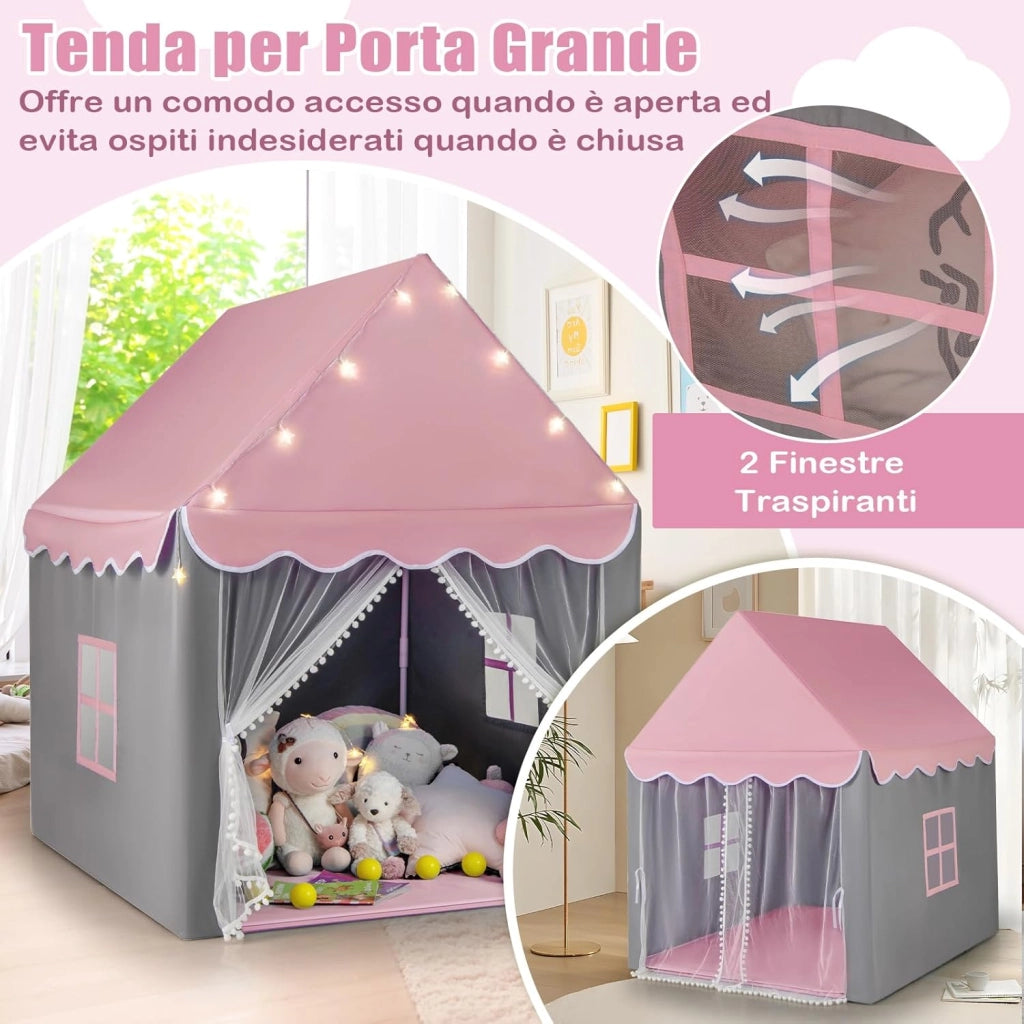 Tenda da Gioco per Bambini, Tenda Castello con Tappetino Lavabile, Luci a Forma di Stella, per Interno ed Esterno, 105 x 121 x 136 cm (Stile 2 Rosa)