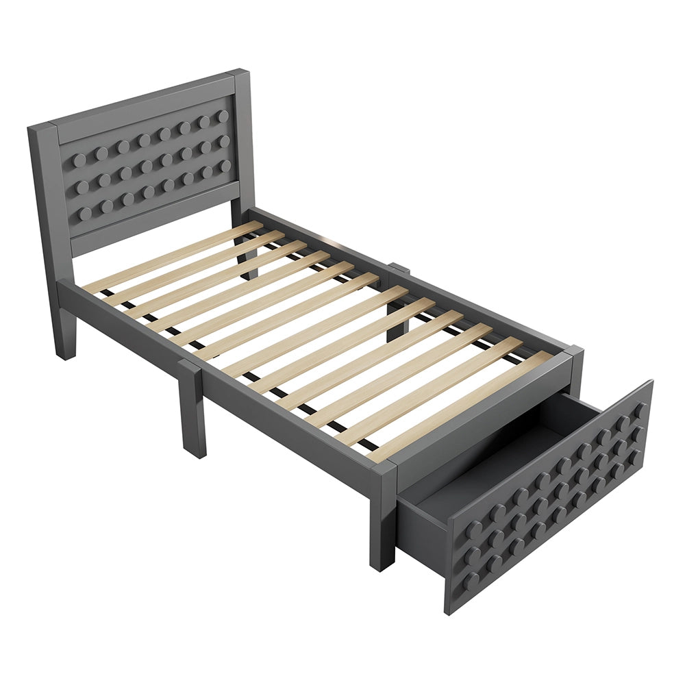Letto bambino-Xylo-90x200 cm-design a blocchi, cassetti, contenitore, grigio, senza materasso