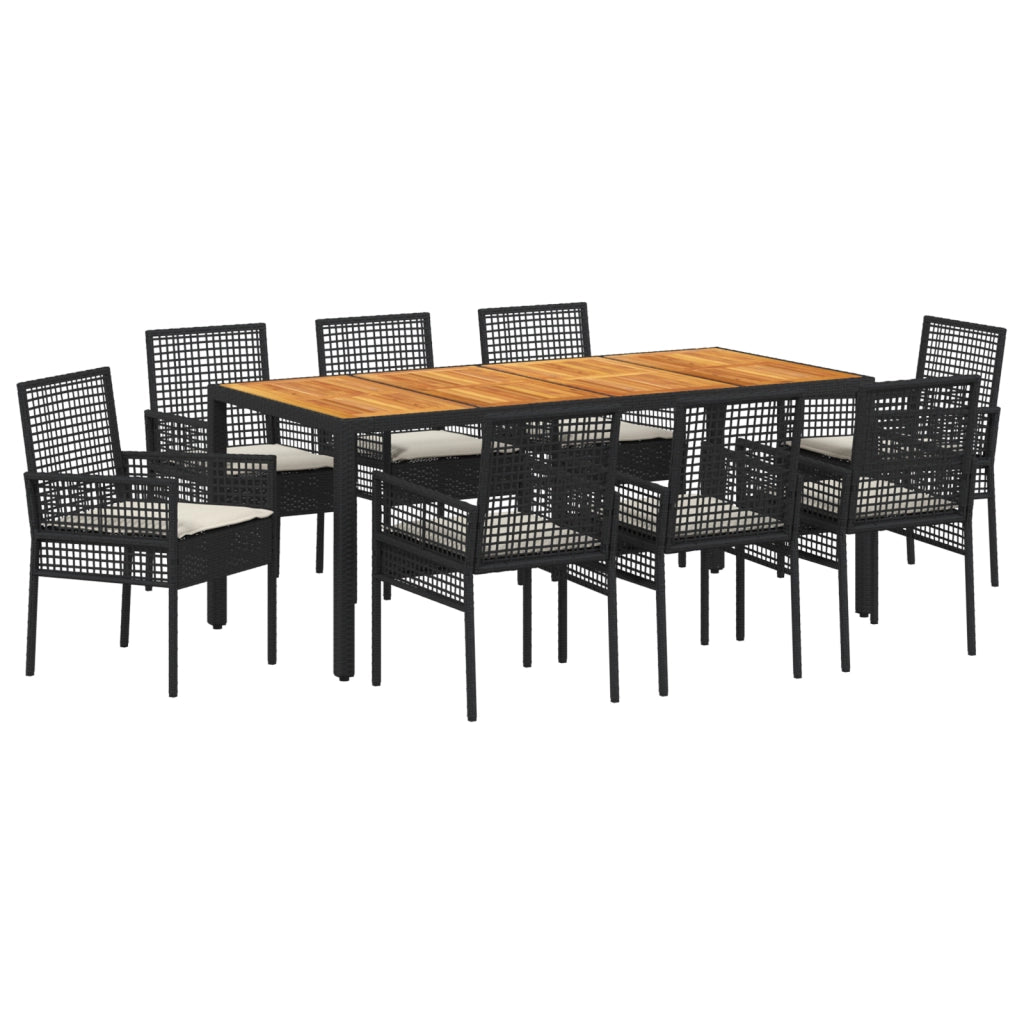 Set da Pranzo da Giardino 9 Pezzi con Cuscini Neri in Poly Rattan