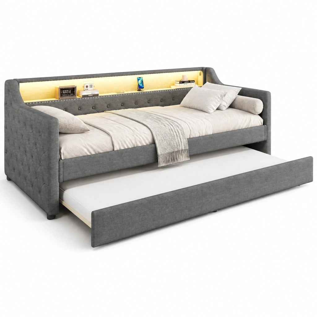 Letto daybed 90x200 cm con rete a doghe, letto estraibile, LED e USB, grigio
