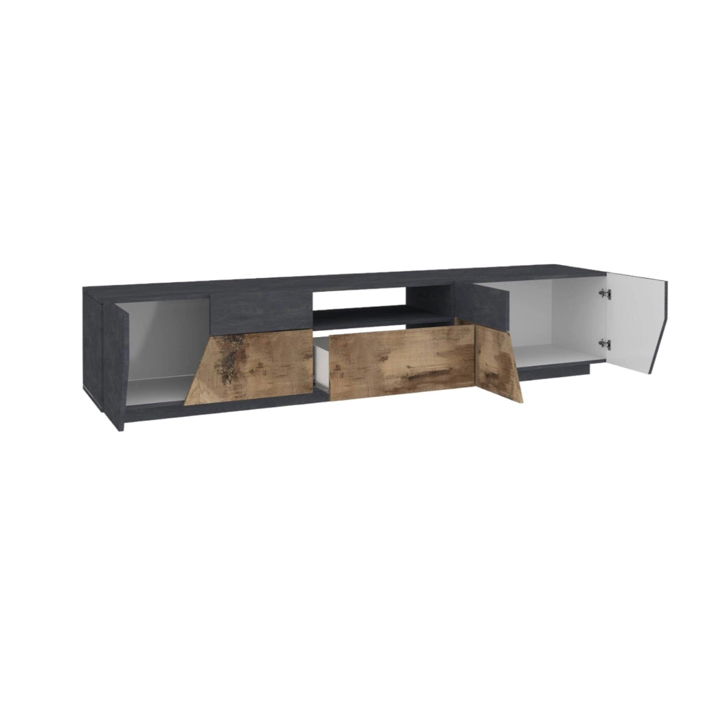 Mobile da soggiorno Porta Animai, Made in Italy, Credenza per Animai da salotto a 4 ante geometriche e 1 cassetto, Cm 220x43h46, Ardesia e Acero
