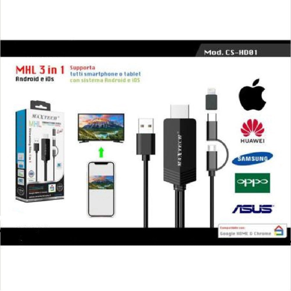 Trade Shop - Cavo 3in1 Mhl Streaming Micro Usb Type-c Lightning Per Android Ios Maxtech Cs-hd01 -