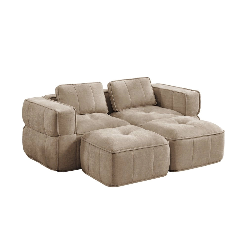 Divano 2 posti con set poggiapiedi ¨C Minimal ¨C Tessuto morbido colore sabbia