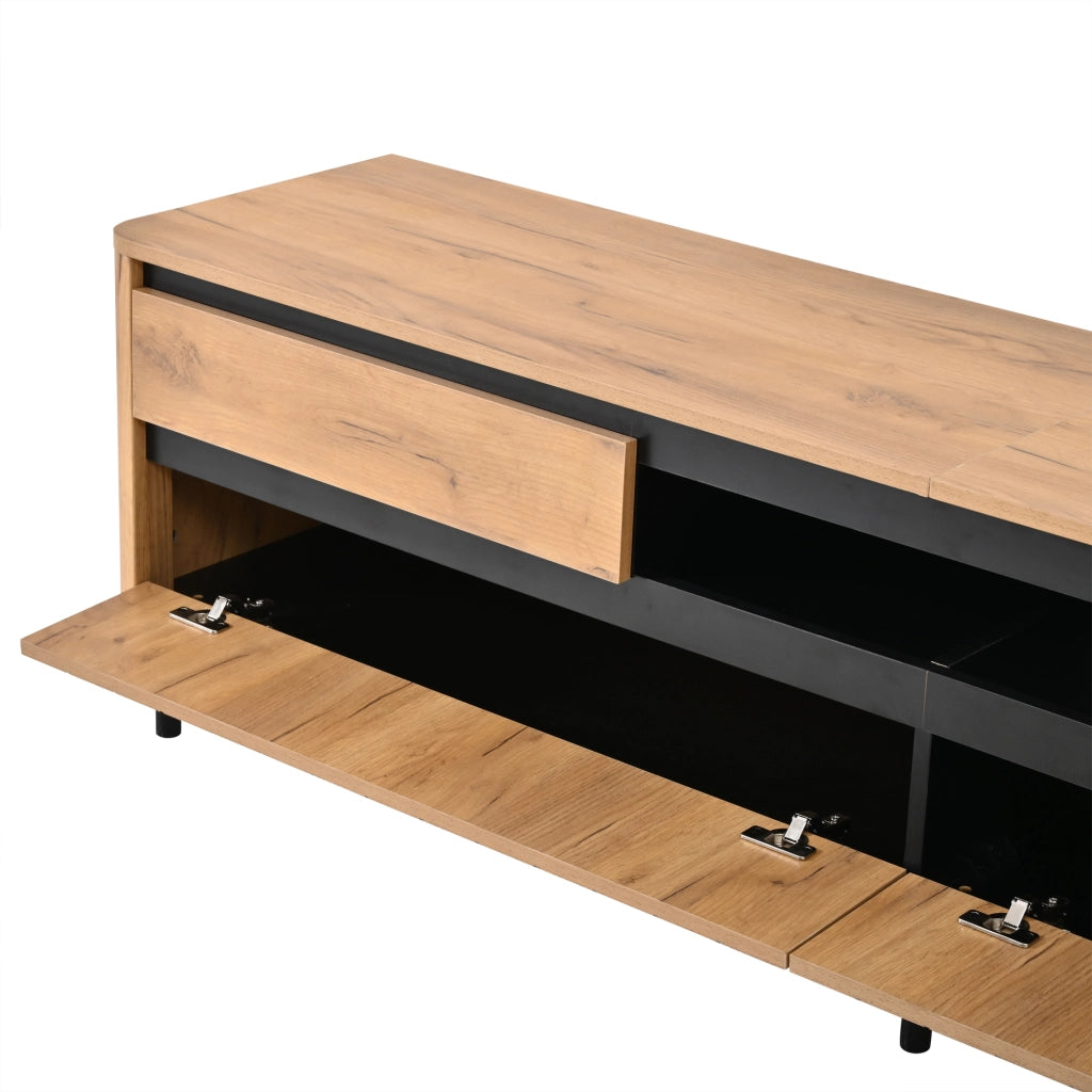 Mobile TV con 2 cassetti e 2 ante a ribalta; passacavi; per soggiorno 180×40×52 cm in MDF nero e rovere