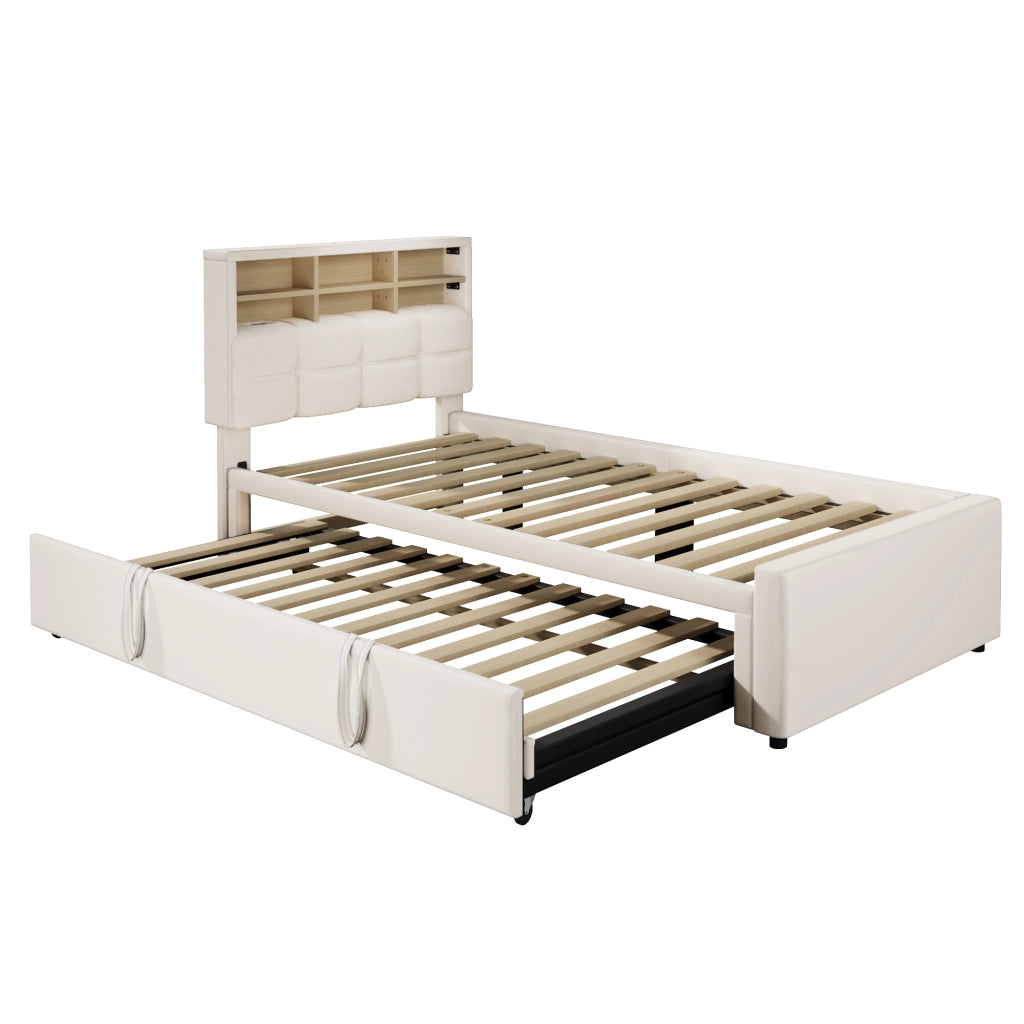 Letto singolo in velluto beige 90x200 cm con letto estraibile e prese USB