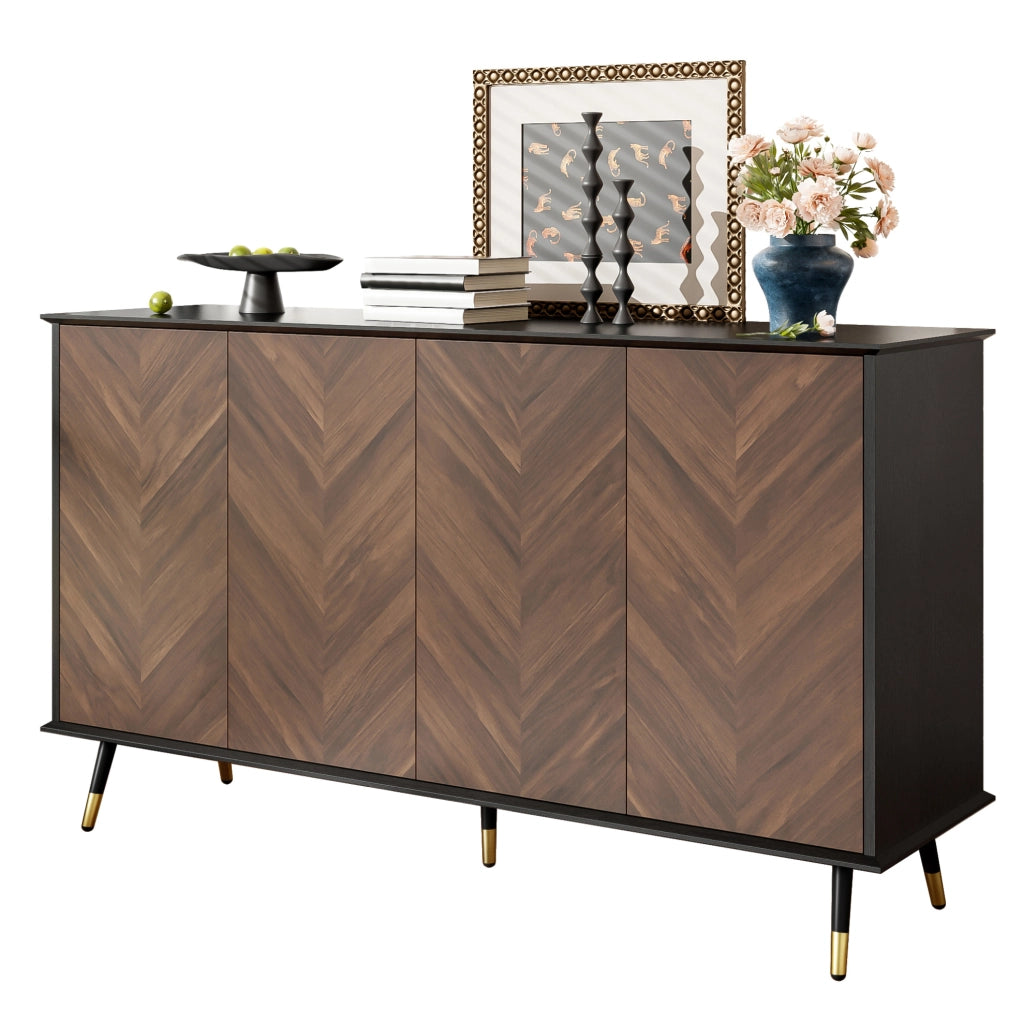 Credenza 140x40x80 cm nera e marrone in MDF, 4 ante con ripiani regolabili