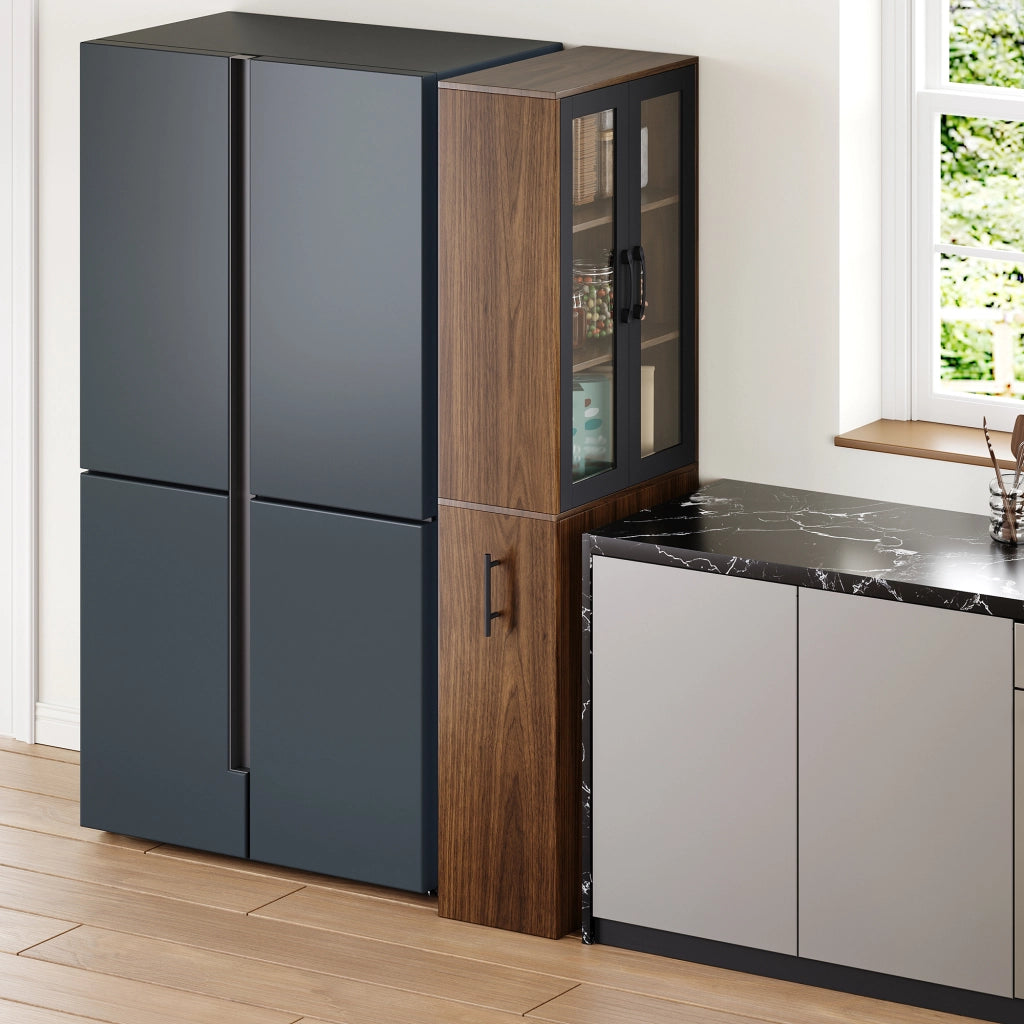 Mobile dispensa stretto 60×30×180 cm con ante in vetro, carrello estraibile e 4 ripiani
