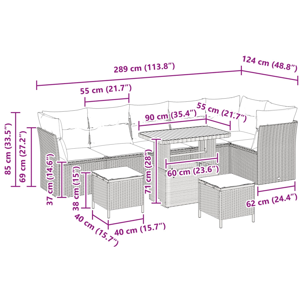 Set di Divani da Giardino 9 Pezzi  con Cuscini Beige in Rattan Sintetico e Acacia