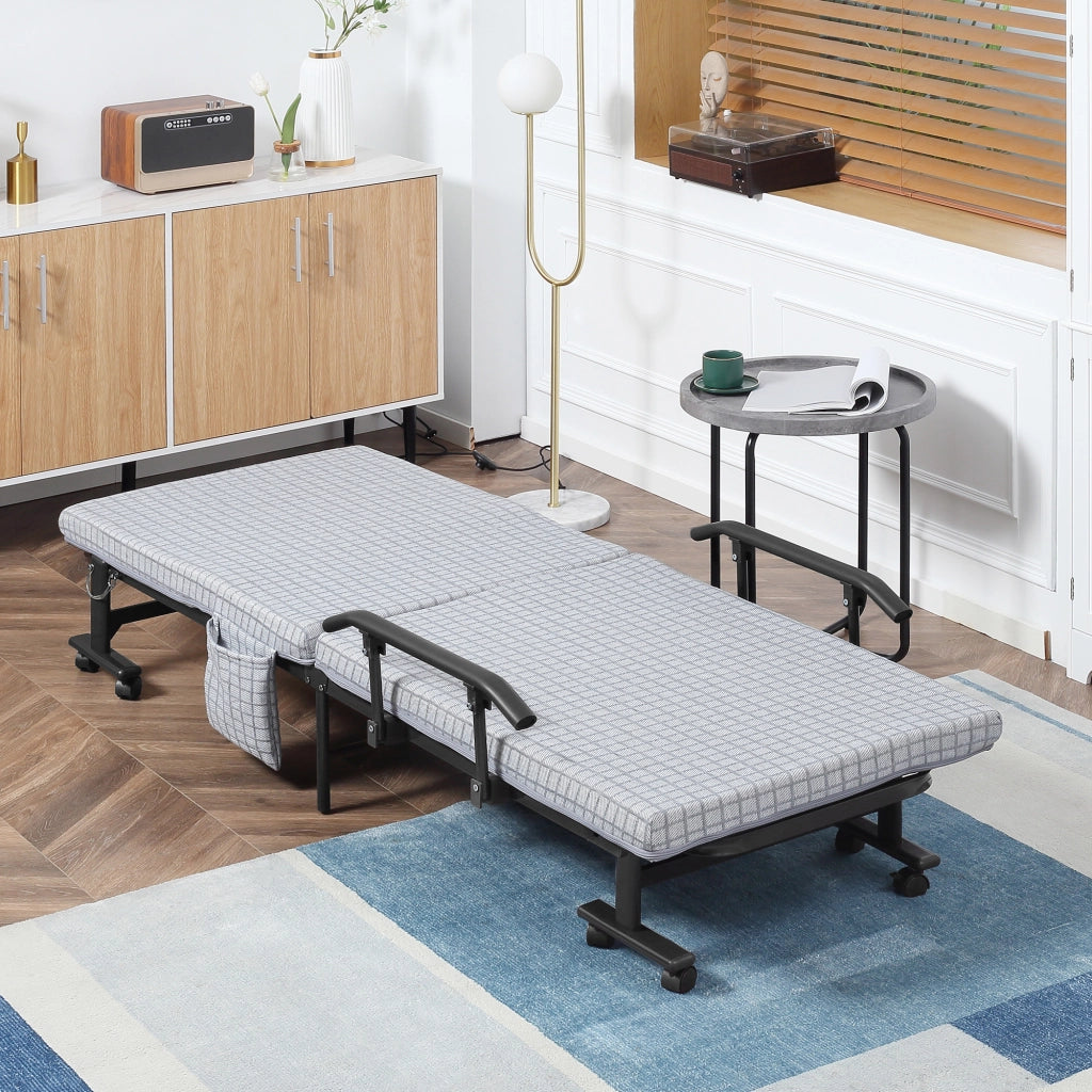 Letto pieghevole con schienale regolabile e braccioli ¨C zephmum ¨C grigio chiaro e nero, struttura in acciaio, 190x76x33 cm
