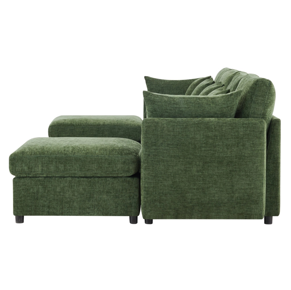 Divano modulare 4-6 posti in chenille verde con 2 pouf e 6 cuscini; 278x161x81 cm