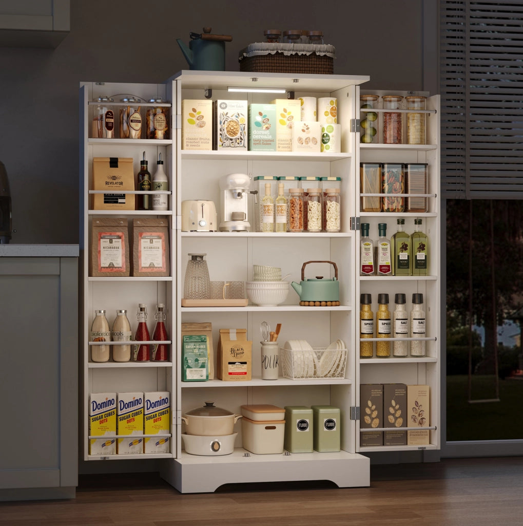 Mobile da cucina multifunzione bianco 60×35×128 cm con ripiani regolabili e luce LED sensore