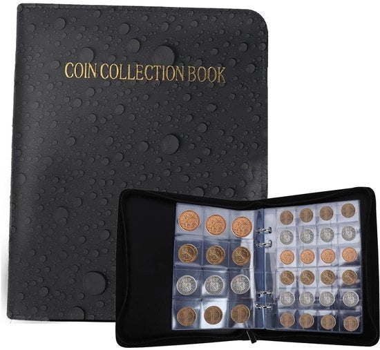 Album per monete - 360 Compartimenti - Supporto per monete - Cartellino per la raccolta di monete - Libretto di conservazione - Nero Pelle - Per monete da 2 Euro - Album per la raccolta di monete