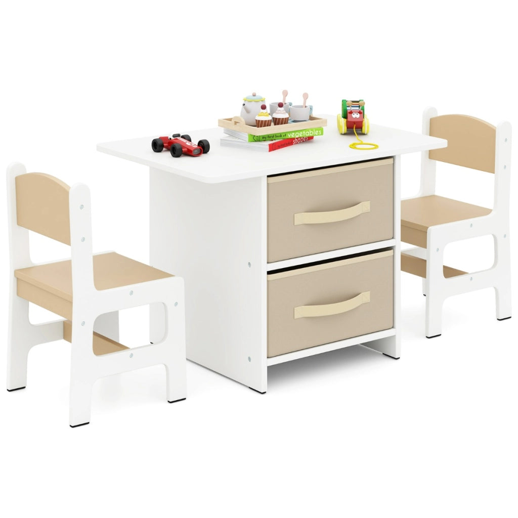Set di tavolo e 2 sedie bambini, Set di scrivania da 3 pezzi con ceste portaoggetti rimovibili per stanza giochi Beige e Bianco-Tavoli e sedie