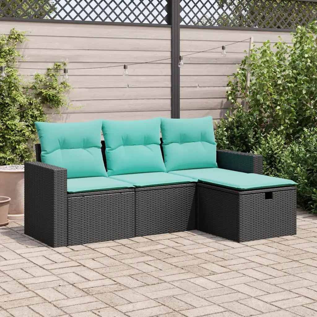 Set Divani da Giardino 4 pz | Set Salotto da Giardino con Cuscini Nero in Polyrattan