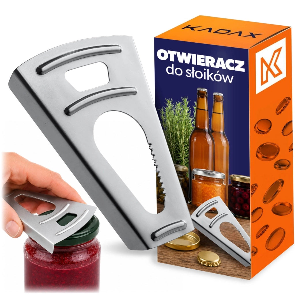 Apribottiglie KADAX per barattoli, bottiglie, coperchi e tappi, universale, manuale, 2 in 1