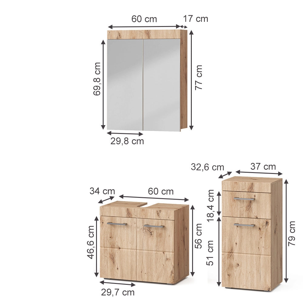 Vicco Set mobili bagno Quercia Wotan 3 parti, con armadio midi