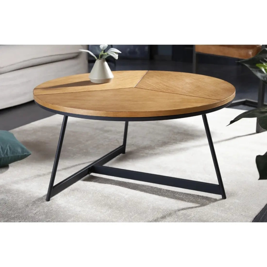 Tavolino basso rotondo ZENTOR 80 cm in legno massiccio e metallo nero stile industriale