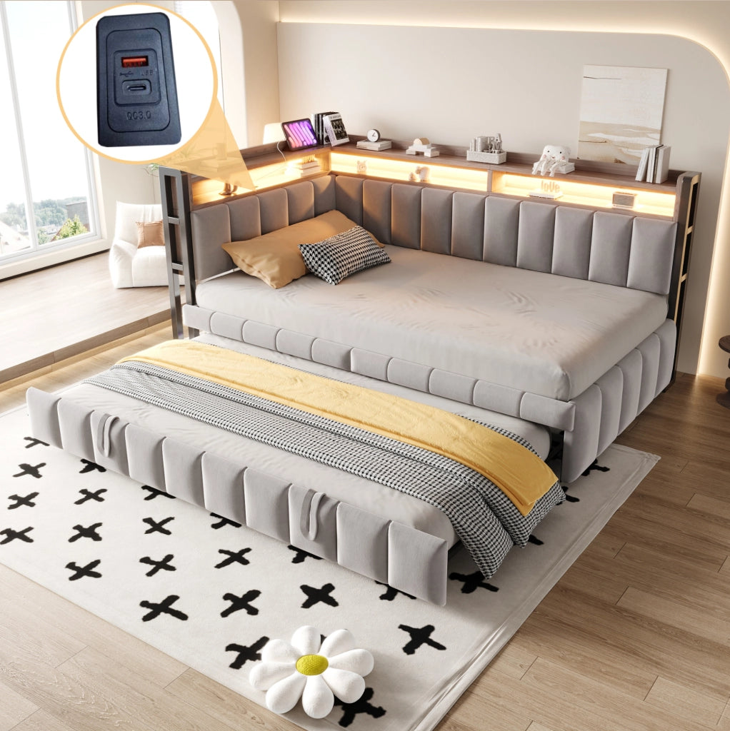 Divano letto con letto estraibile; LED; porte USB e Type-C; 90x200 cm; grigio
