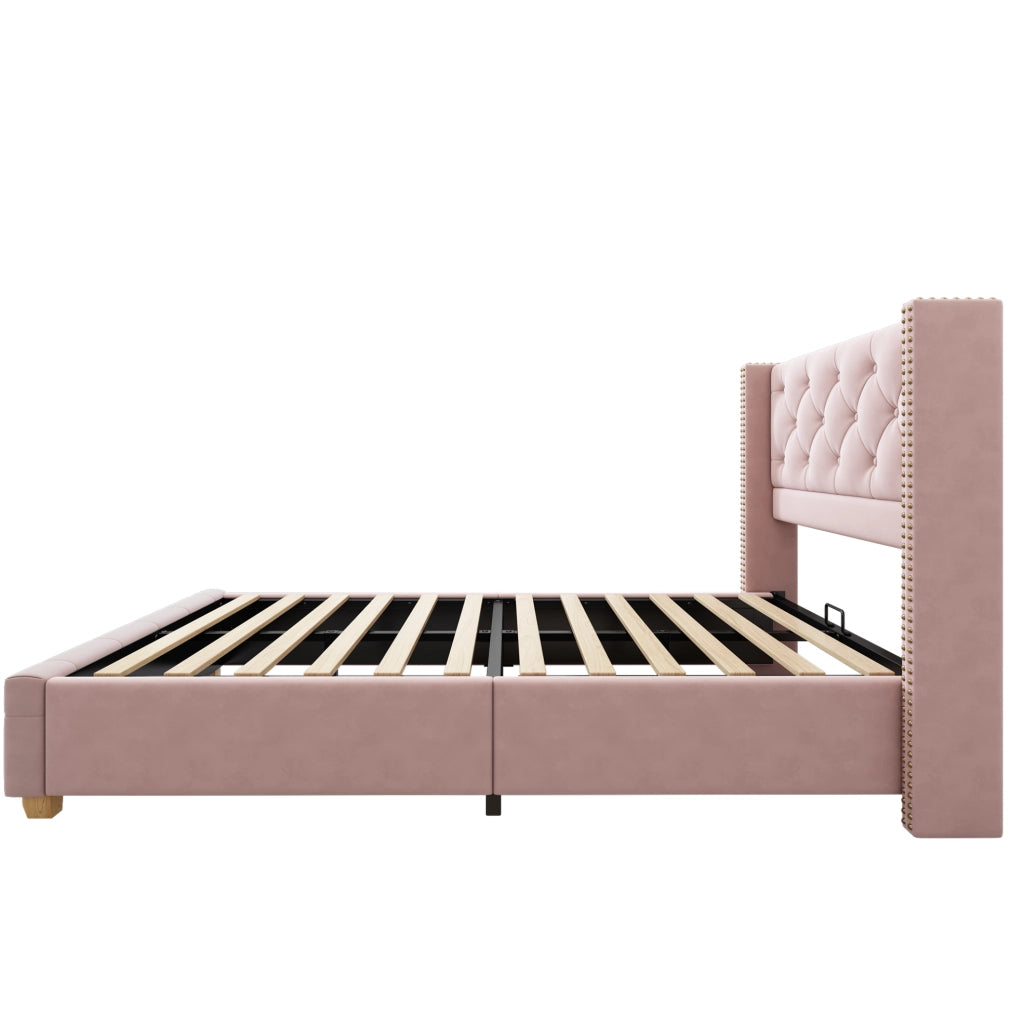 Letto imbottito 90x200 cm; testiera capitonn茅 e finiture borchiate; velluto rosa (Senza materasso)