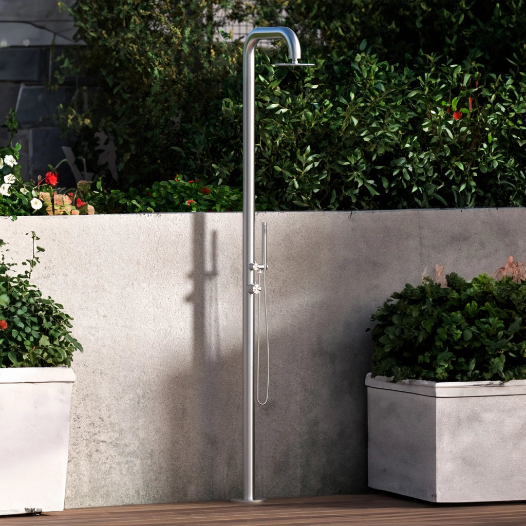 Sined Pula Doccia Da Giardino In Acciaio 316l Con Doccino h 230 Cm Inox Satinato Doccia Con Alimentazione Acqua Calda e Fredda