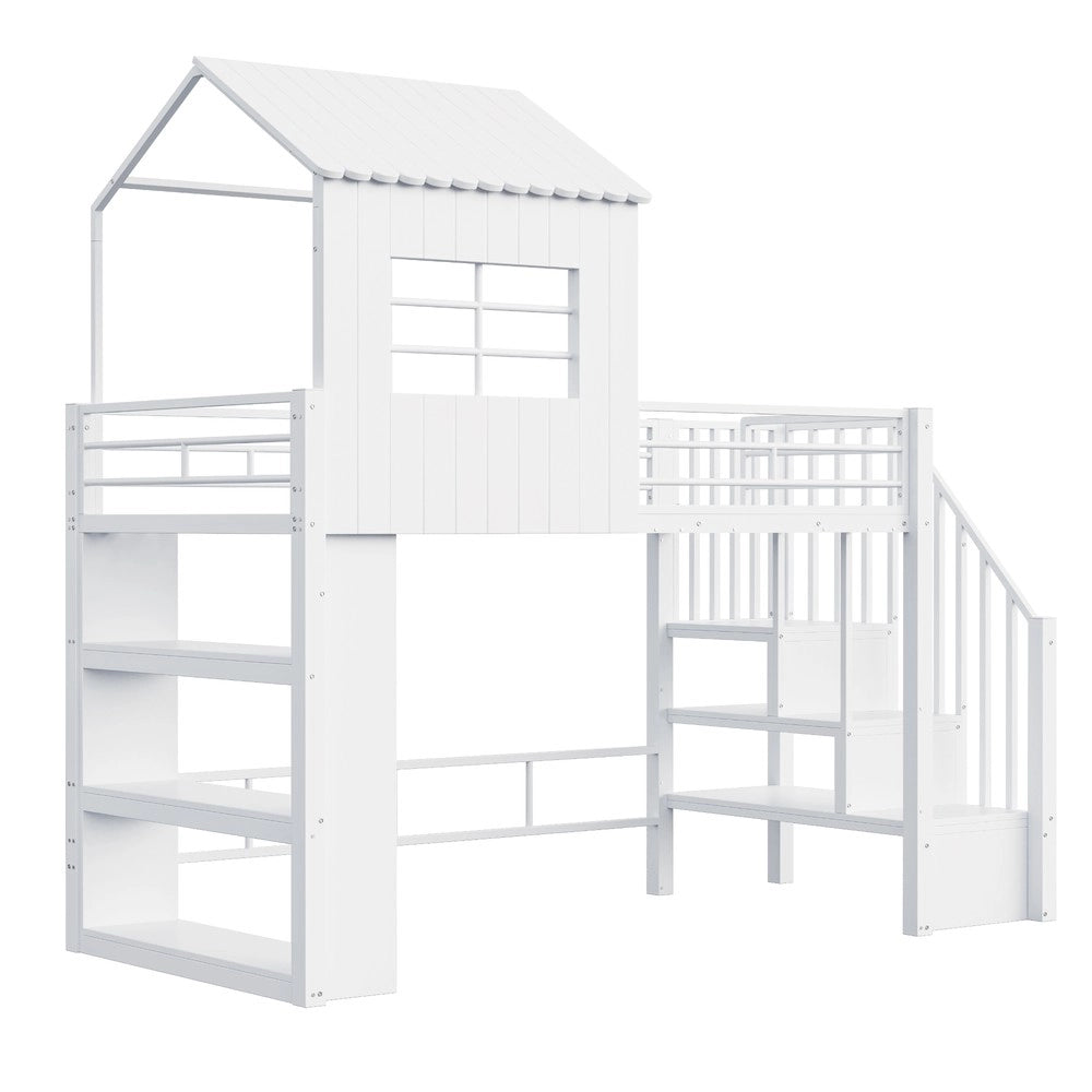 Letto a castello singolo - Zephmum- 90¡Á200 cm- Bianco- Casa design, griglia di sicurezza, scala regolabile