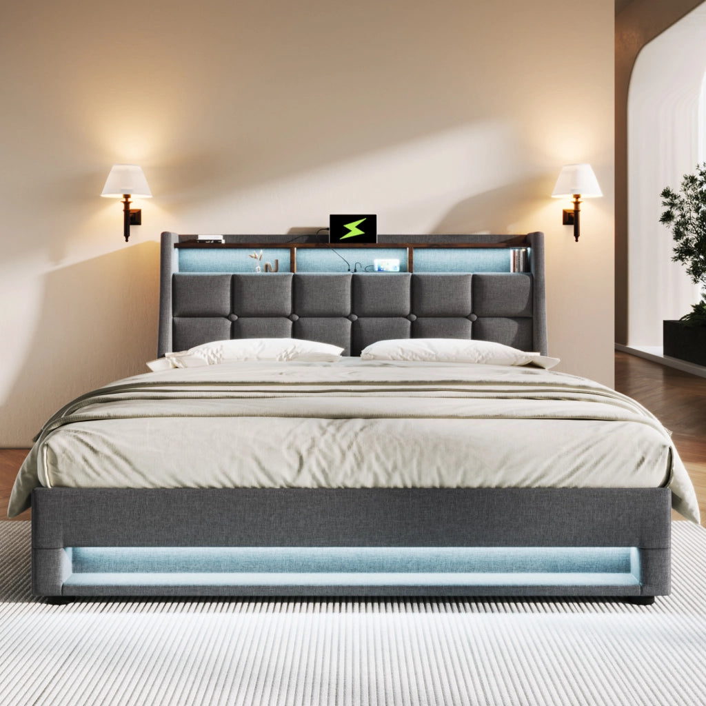 Letto matrimoniale imbottito 140x200 cm in lino grigio con LED; USB e contenitore