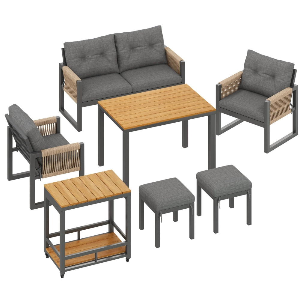 Set da giardino moderno con tavolo removibile; 2 posti; 2 poltrone e 2 pouf; grigio e naturale
