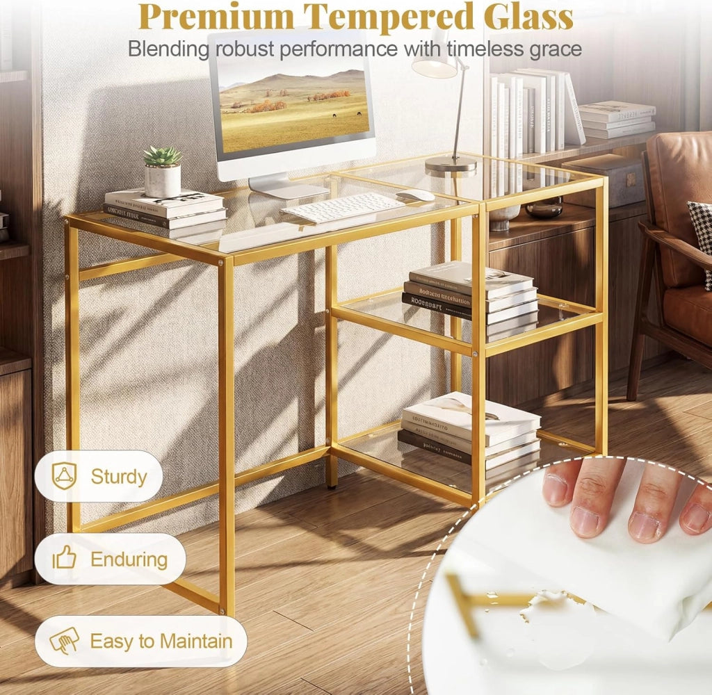 Scrivania in Vetro Temperato 106 x 51 x 77 cm, Tavolo PC Multifunzionale Salvaspazio con 2 Ripiani, Consolle Trucco Moderna per Camera da Letto, Studio, Ufficio e Soggiorno (Oro)