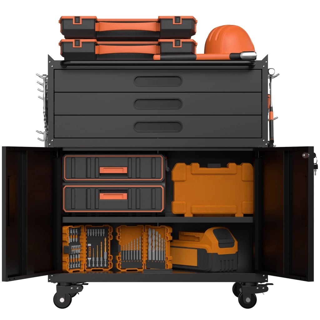 Mobile contenitore da officina con 3 cassetti e 2 ante chiudibili; ripiano regolabile e ruote 75×42×87.3 cm