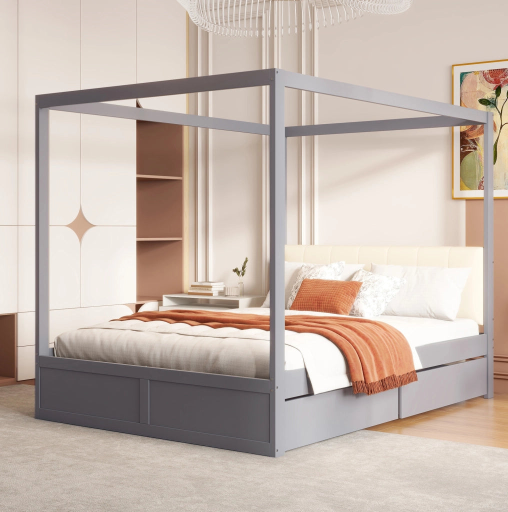 Letto a tenda grigio 140 x 200 cm con cassetti e schienale imbottito