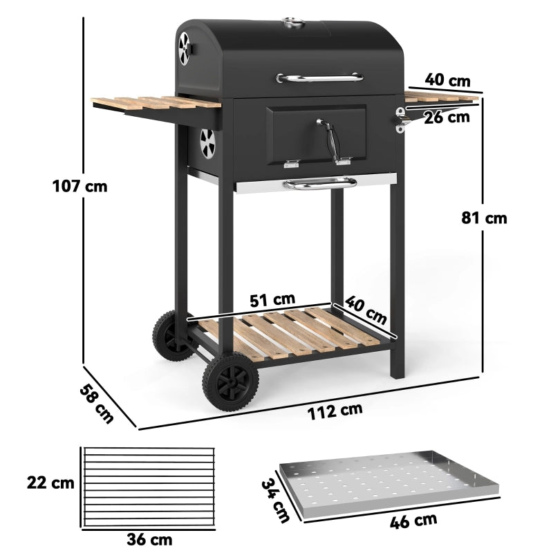 BARBECUE a carbone in acciaio nero con coperchio, termometro e ripiani laterali
