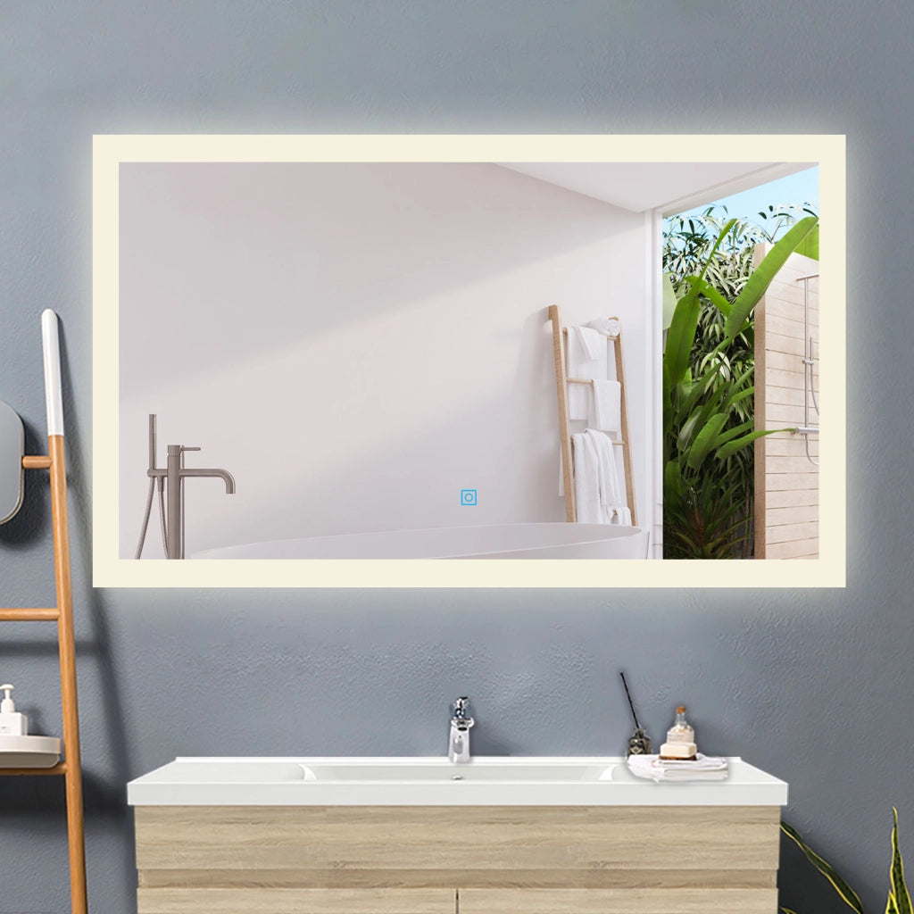 AICA Specchio da bagno a LED, Rettangolare 90 x 70 cm, Anti nebbia, Regolabile 3 LED di colore, Funzione Memoria
