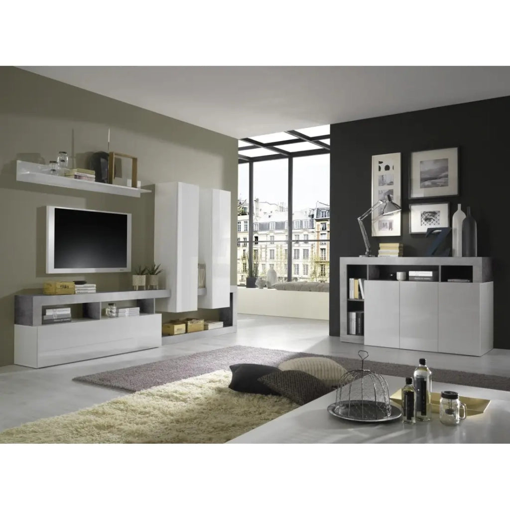 Set mobili soggiorno con contenitori, collezione BURA, bianco lucido/grigio effetto cemento