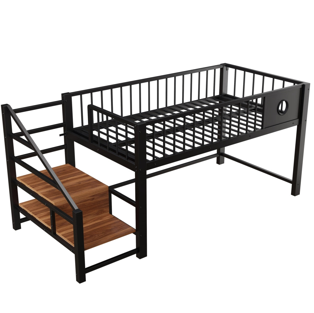 Letto a soppalco basso per bambini 90x200 cm in metallo; nero; con scala e spazio sotto