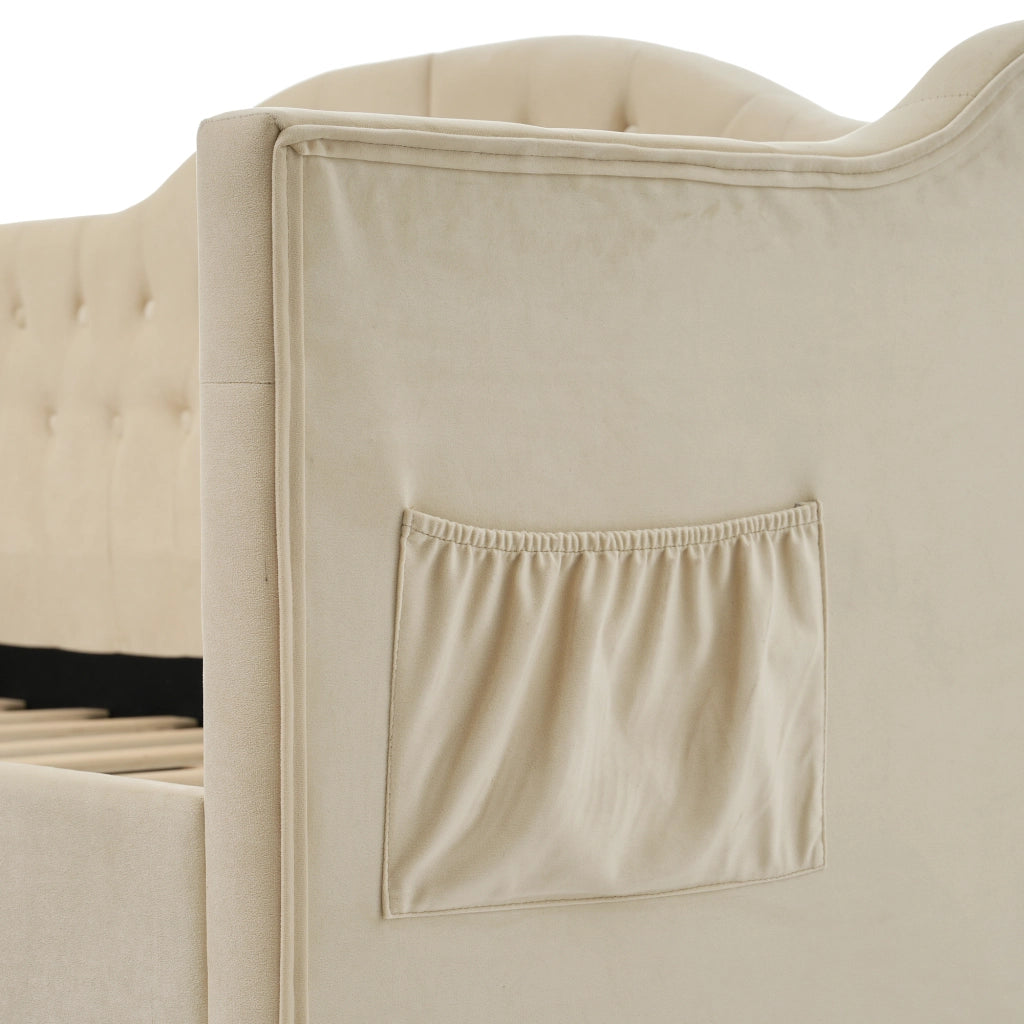 OKWISH Letto Banquette 90×200 cm, Letto Singolo con USB, Tipo C, 2 Cassetti e Tasche Laterali, senza Materasso, in Velluto, Beige