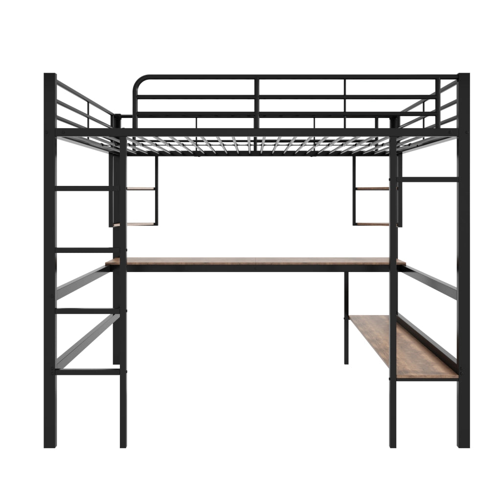 Letto a soppalco ULEVR 140x200 cm in metallo nero con scrivania, libreria e 4 ripiani