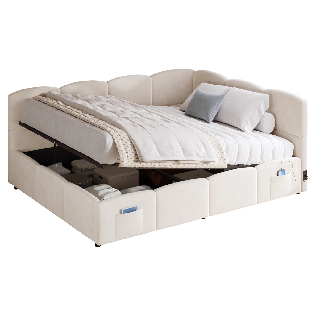 Letto Imbottito Contenitore Singolo in Velluto ¨C MINIMAL ¨C Beige 140x200 cm con Rete a Doghe
