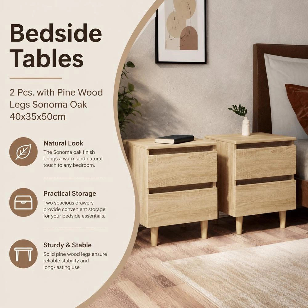Bedside Tables 2 Pcs. Pinewood Legs Sonoma Oak 40x35x50cm