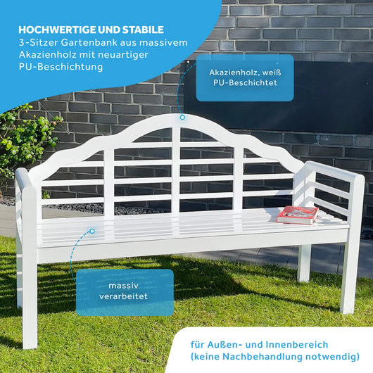 Panca da giardino, panca in legno, bianca, 3 posti