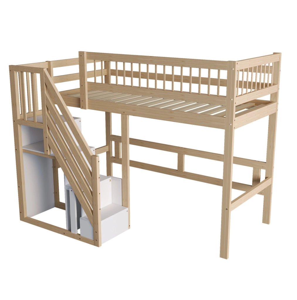 Letto singolo 90x200 cm in legno naturale con scala contenitore; struttura alta