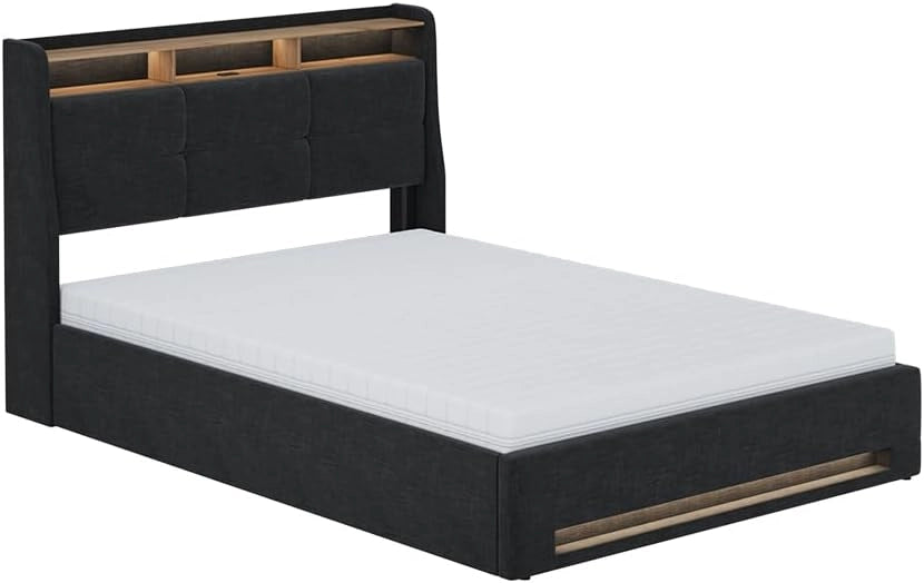 Letto imbottito Christin, Antracite/quercia, con materasso, LED e connessione USB, con rete a doghe e contenitore integrato