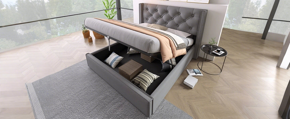 Letto Contenitore Matrimoniale Imbottito ¨C MINIMAL ¨C Tessuto Grigio 160x200 con Rete a Doghe Idraulico