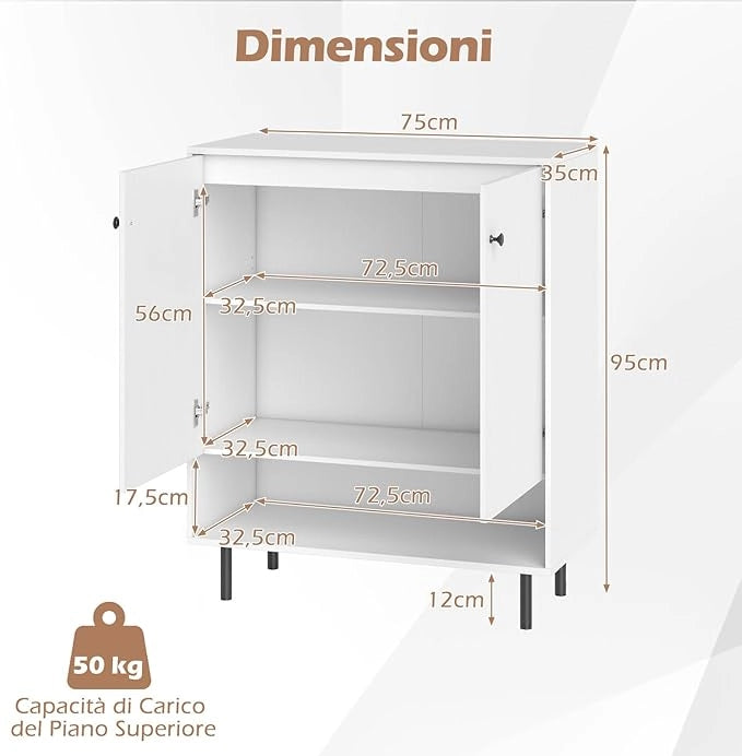 Credenza da Cucina, Armadietto da Terra Salvaspazio con 1 Ripiano Regolabile e 1 Vano, Mobiletto in Legno per Bagno, Soggiorno, Cucina, Ingresso, 75 x 35 x 95 cm, Portata 110 kg (Bianco)
