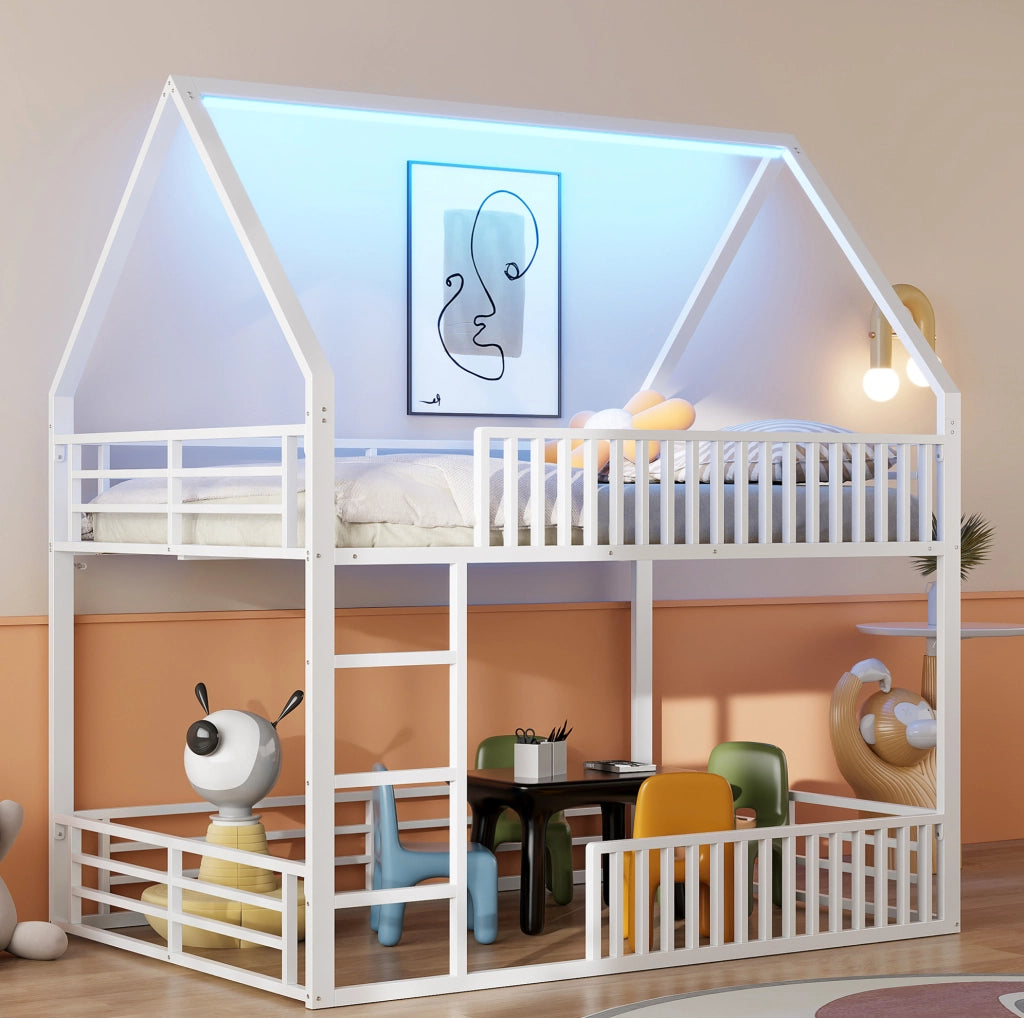 Letto a soppalco a casetta 140x200 cm con LED, bianco