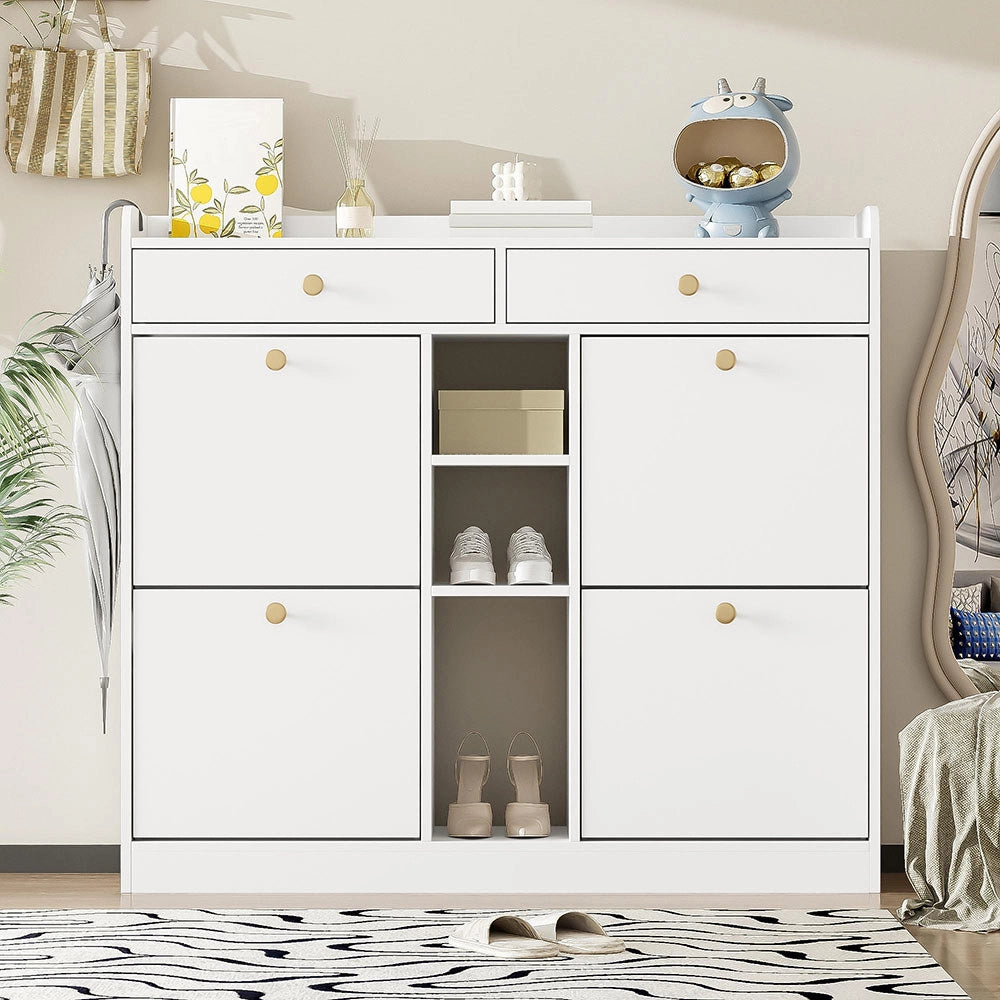 Armadietto per scarpe elegante - Xylo - 110x26x100 cm - Bianco - 4 ante battenti, 2 cassetti, 3 scomparti aperti