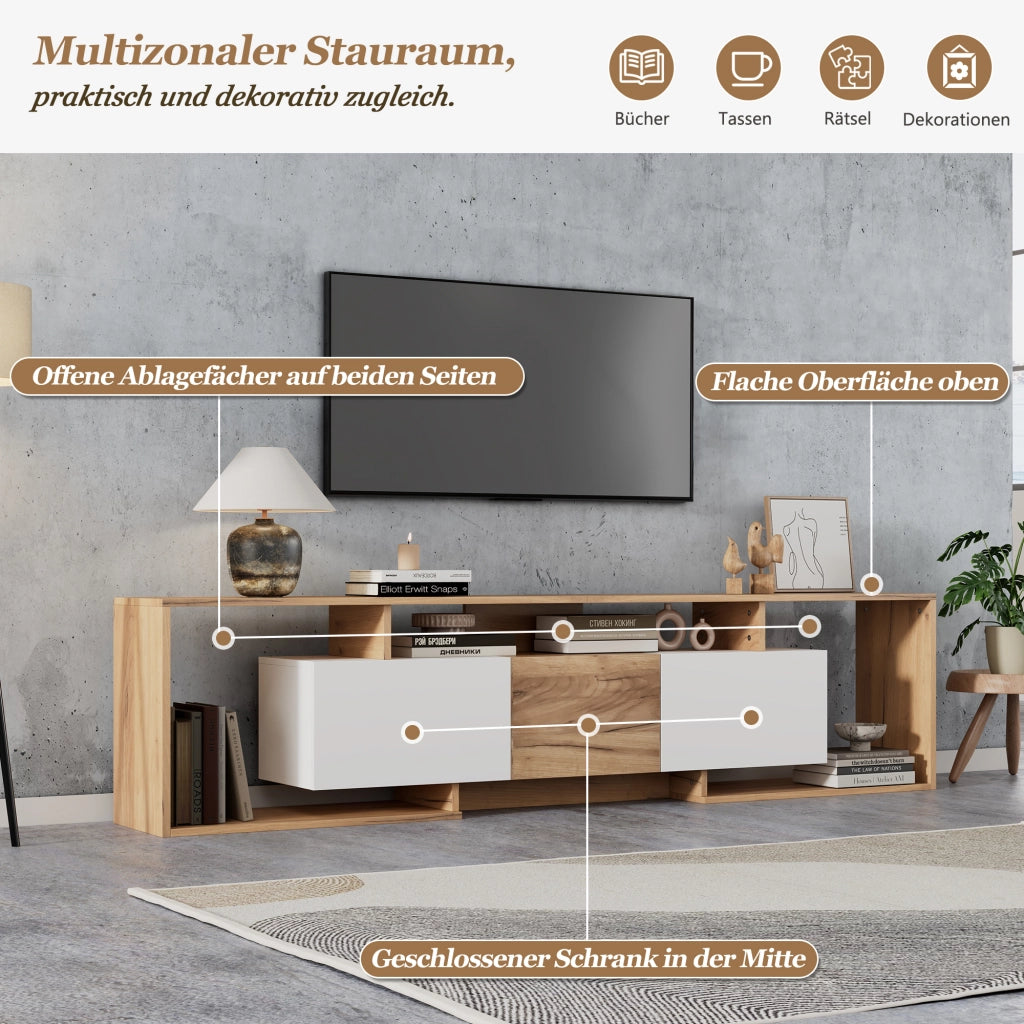 Mobile porta TV con 2 ante a ribalta, 1 anta e 3 vani aperti, per soggiorno, bianco e naturale 180 × 30 × 49 cm