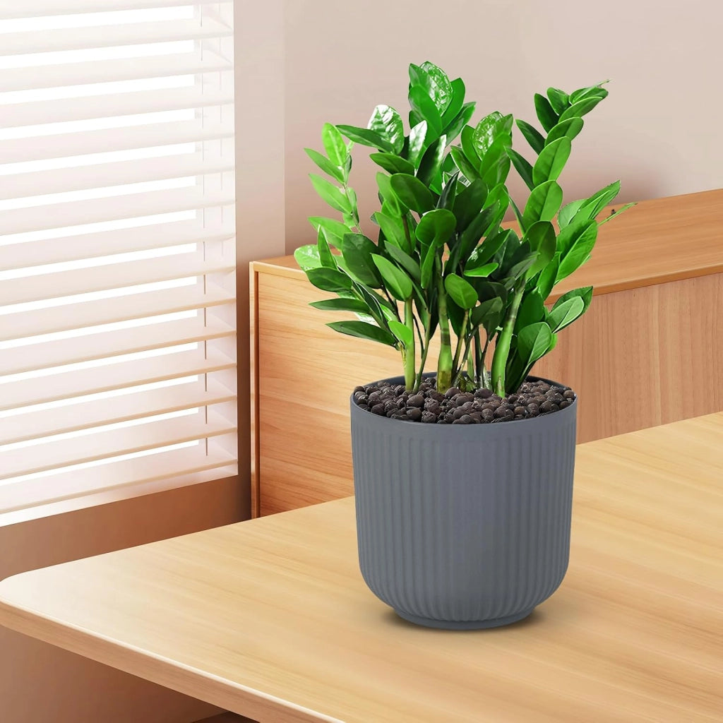 Set di Vasi Rotondi in Plastica, 2 Vasi per Fiori a Strisce con Sistema di Drenaggio Opzionale, Vasi Decorativi per Piante da Interni ed Esterni per Veranda, Giardino e Balcone