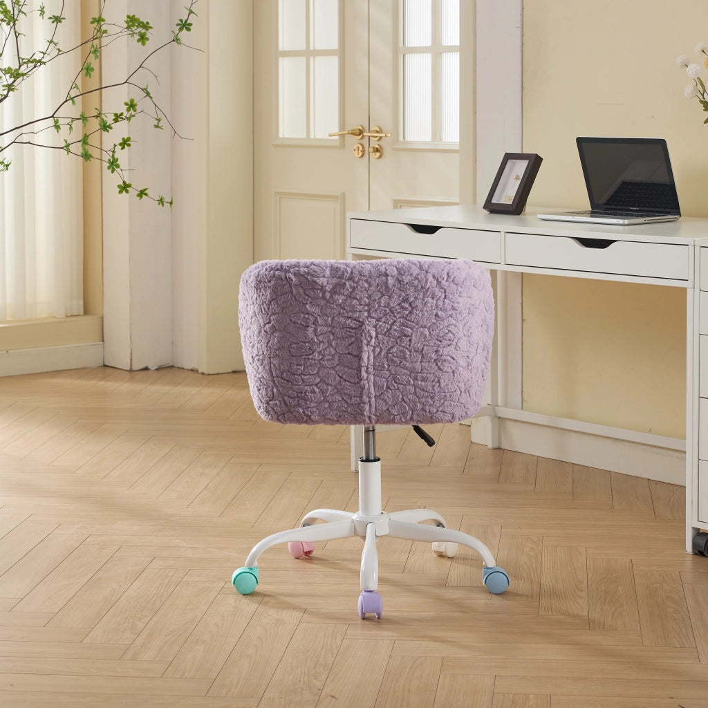 Sedia da ufficio in pelliccia sintetica con altezza regolabile, girevole a 360° e ruote silenziose viola